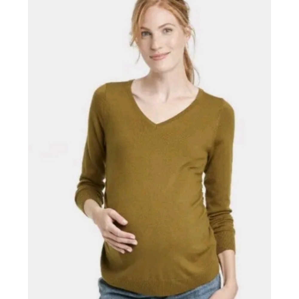 Isabel Maternity V-Neck Essential Pullover sweater Olive Green Size S